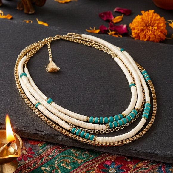 🆕️Handcrafted Boho Chic Beaded Antique Gold Artisanal Ethnic Layered Necklace - Picture 1 of 9